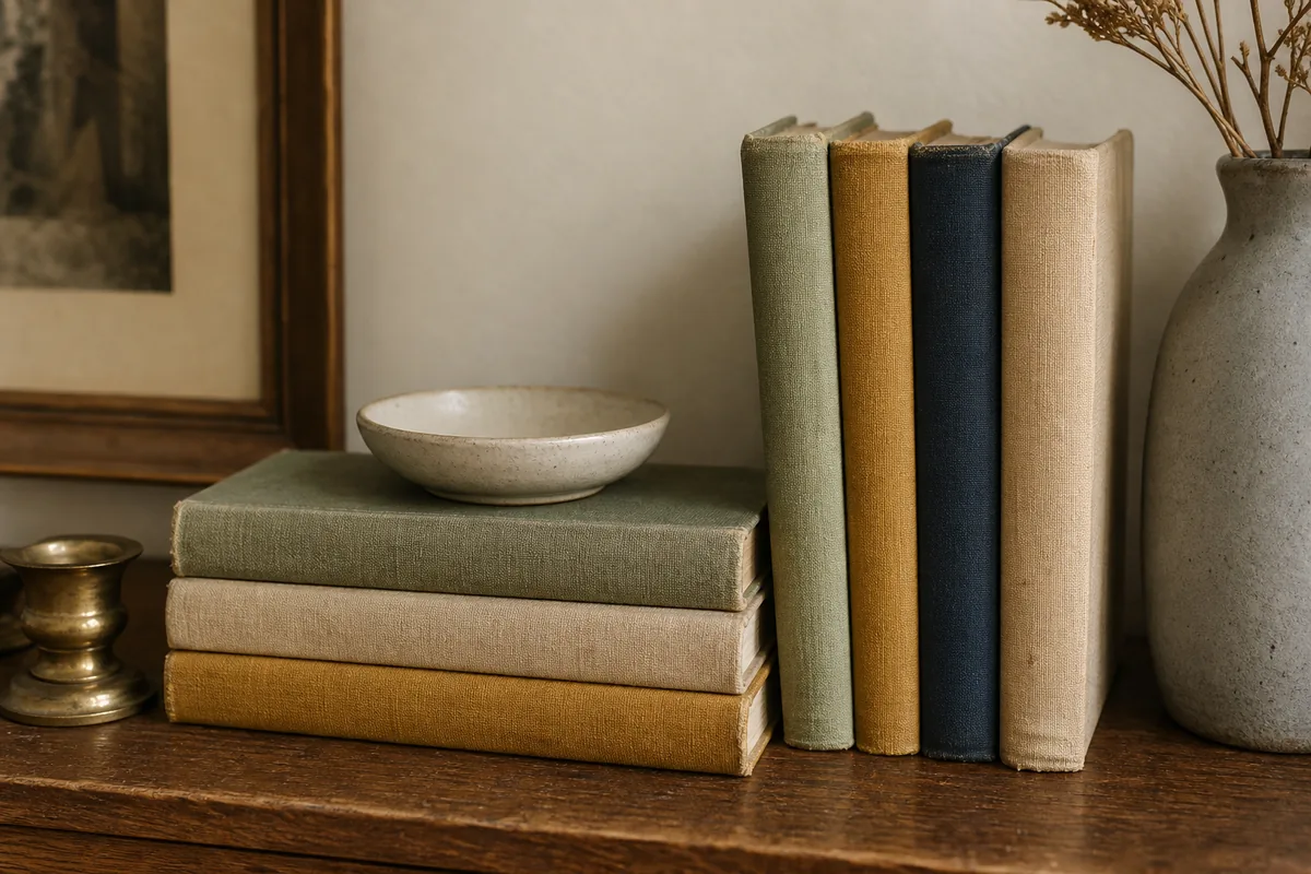 Vintage hardcover books with the dust jackets removed, the bare faded cloth spines in sage, ochre, and navy stacked and lined up by color as decor