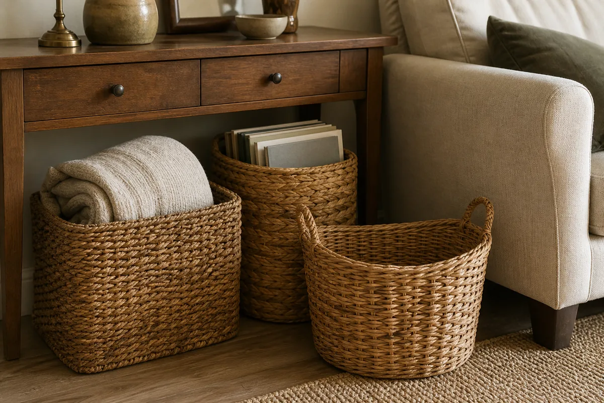 Two woven seagrass and rattan baskets beside a sofa holding a rolled blanket and a few magazines, natural texture warming the room