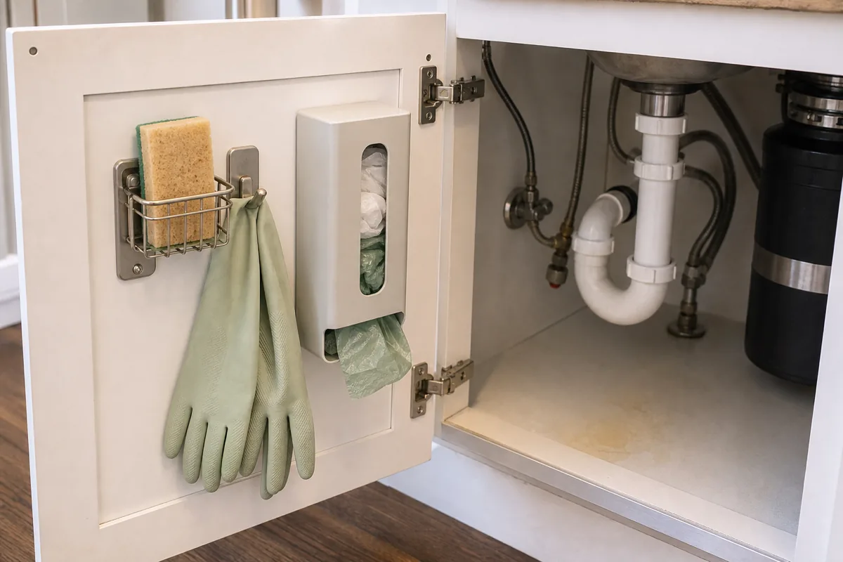 The inside of an under-sink kitchen cabinet door fitted with a caddy holding a sponge in a drip basket, rubber gloves on a hook, and a plastic-bag dispenser, the drainpipe visible through the open door