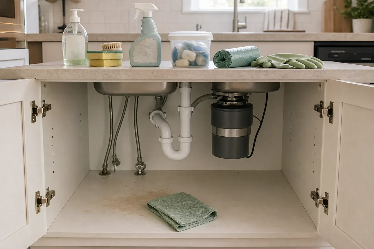 The cabinet under a kitchen sink emptied to the bare interior with the P-trap drainpipe and garbage disposal visible, a folded damp cloth on the cabinet floor, and all the supplies lined up on the counter above