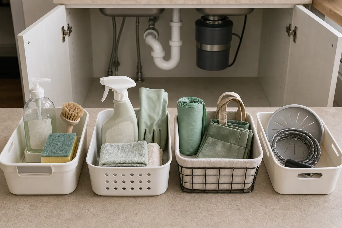 Under-sink kitchen supplies grouped into four zones on the counter — dishwashing, surface-cleaning, trash and recycling, and occasional — each in its own caddy, the open cabinet and drainpipe behind