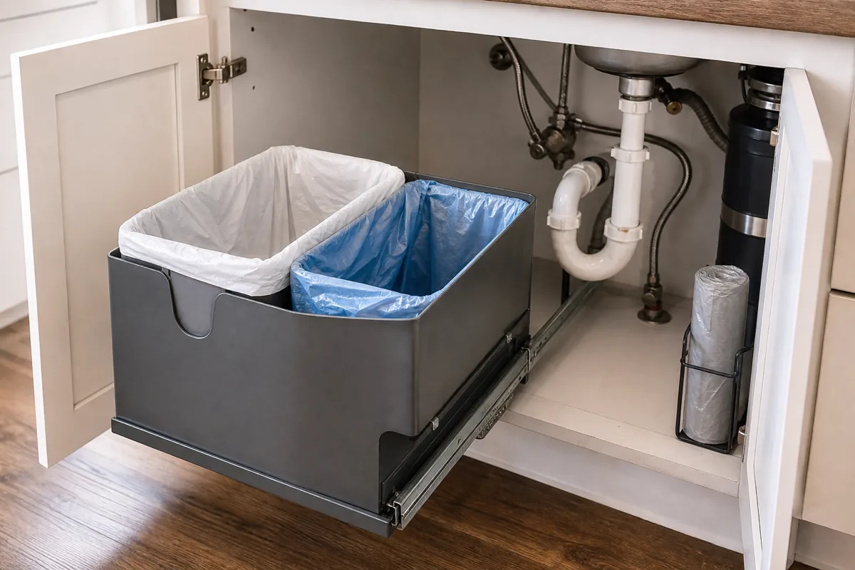 A two-compartment pull-out bin extended forward on its slides from under the kitchen sink, one side for trash and one for recycling, clearing the drainpipe behind it