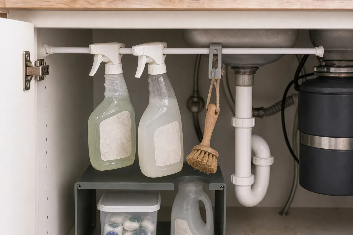 A spring tension rod across the upper under-sink cabinet with two spray bottles hanging head-down by their triggers and a damp dish brush clipped to drip-dry over the drainpipe
