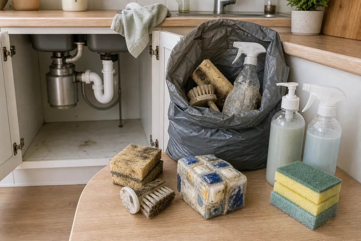 A kitchen under-sink purge with dried-out sponges, a leaking half-empty spray bottle, and a fused brick of old dishwasher pods going into a gray trash bag beside a smaller keep-pile of good supplies