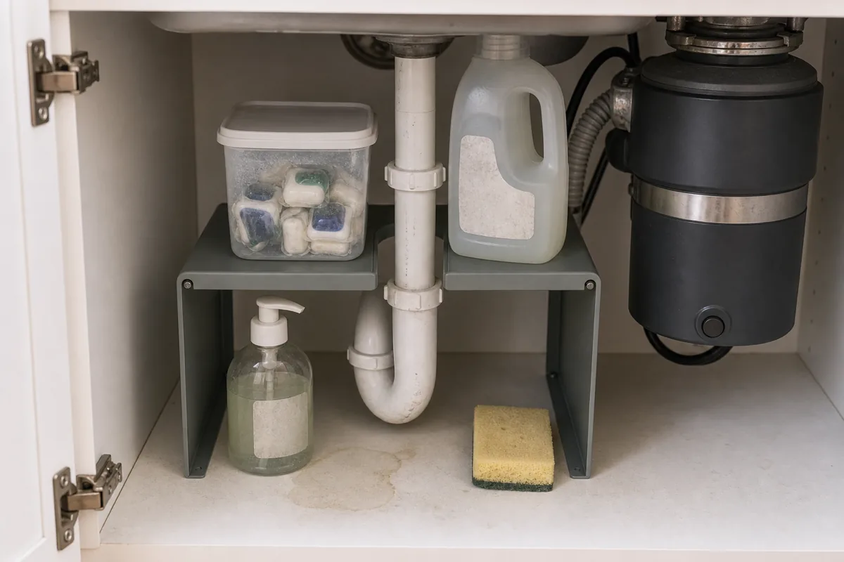A coated-metal riser with a U-shaped cutout straddling the kitchen sink drainpipe, dishwasher pods and detergent on the top tier and dish soap below, the garbage disposal beside it