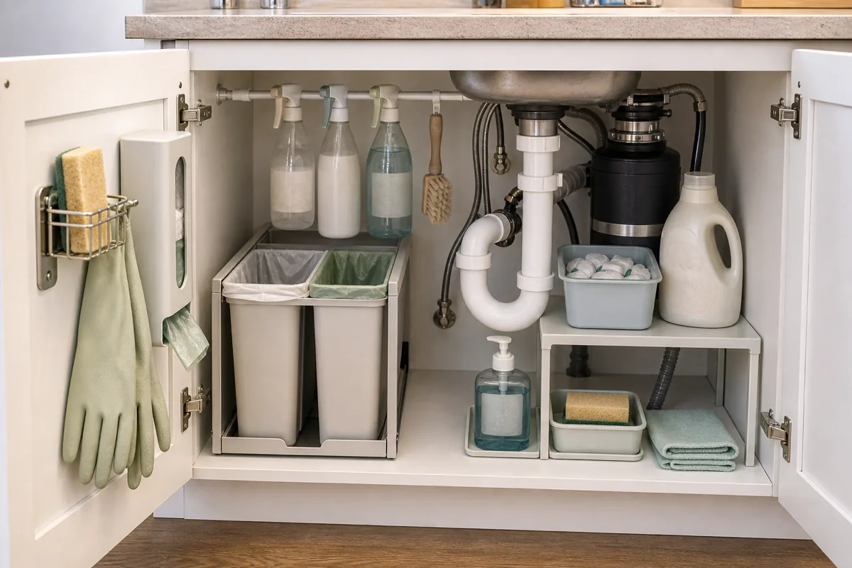 A finished organized under-sink kitchen cabinet with everything in its zone, the drainpipe joint clean and dry, and a folded fresh microfiber cloth nearby for the weekly moisture check