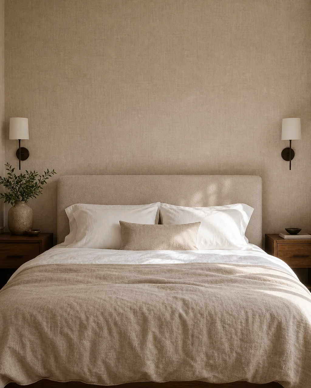 A bedroom wall behind a bed headboard covered in subtle textured peel-and-stick wallpaper with a warm linen-look pattern in soft beige, white linen sheets, an oatmeal duvet, and two simple wall sconces in warm morning light