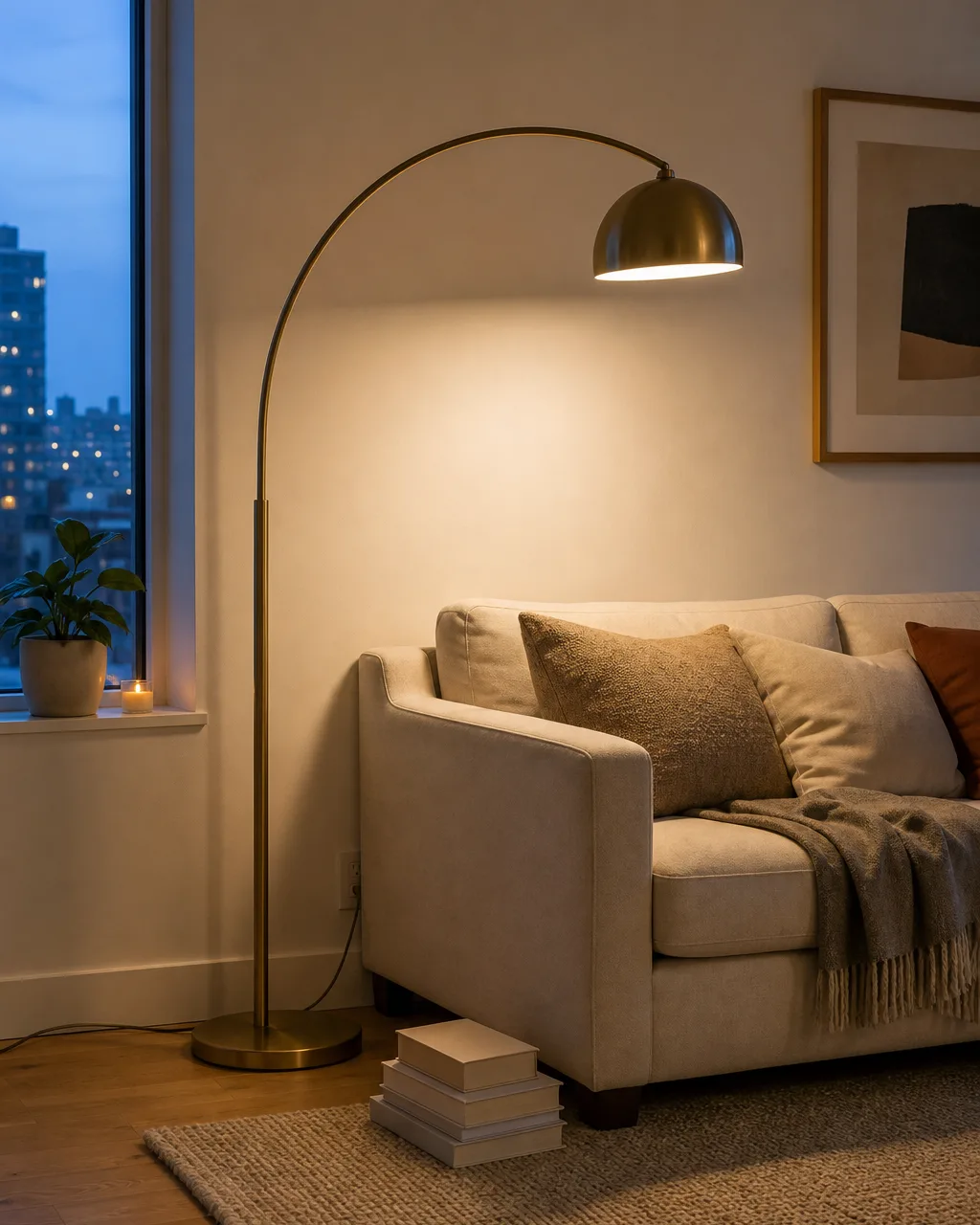 A matte brass arc floor lamp curving over the corner of a cream sofa in a small apartment living room, creating a warm golden pool of light, with white walls and a woven rug on the floor