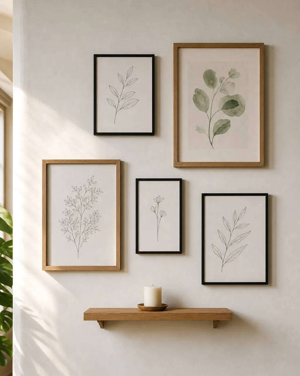 A cluster of five framed prints on a white apartment wall in a loose gallery grouping: botanical line drawings and a watercolor leaf print in thin black and natural wood frames, with a small floating shelf below holding a candle in warm daylight