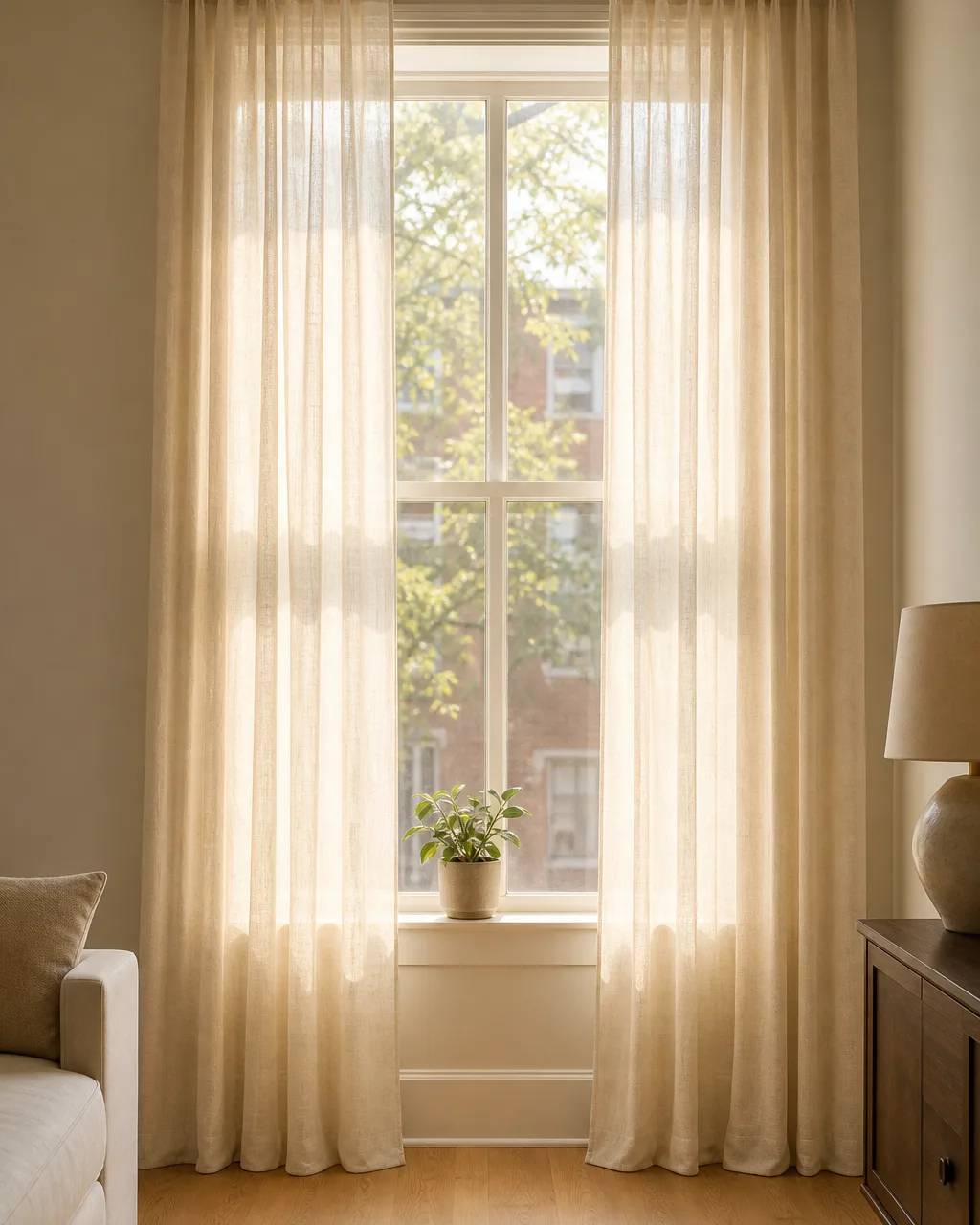 Floor-to-ceiling sheer linen curtains in soft ivory hung from a curtain rod mounted near the apartment ceiling, puddling slightly on light hardwood floors, with warm golden hour light filtering through and a small potted plant on the windowsill