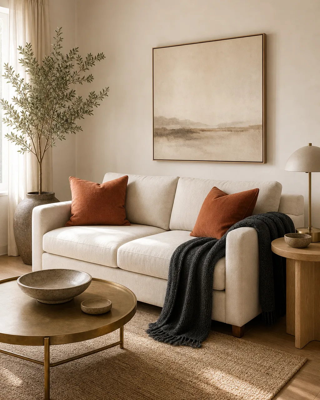 A styled apartment living room vignette showing a cohesive three-tone palette: cream sofa with terracotta-rust throw pillows, a charcoal knit blanket, and brass accents on the coffee table, in warm afternoon light