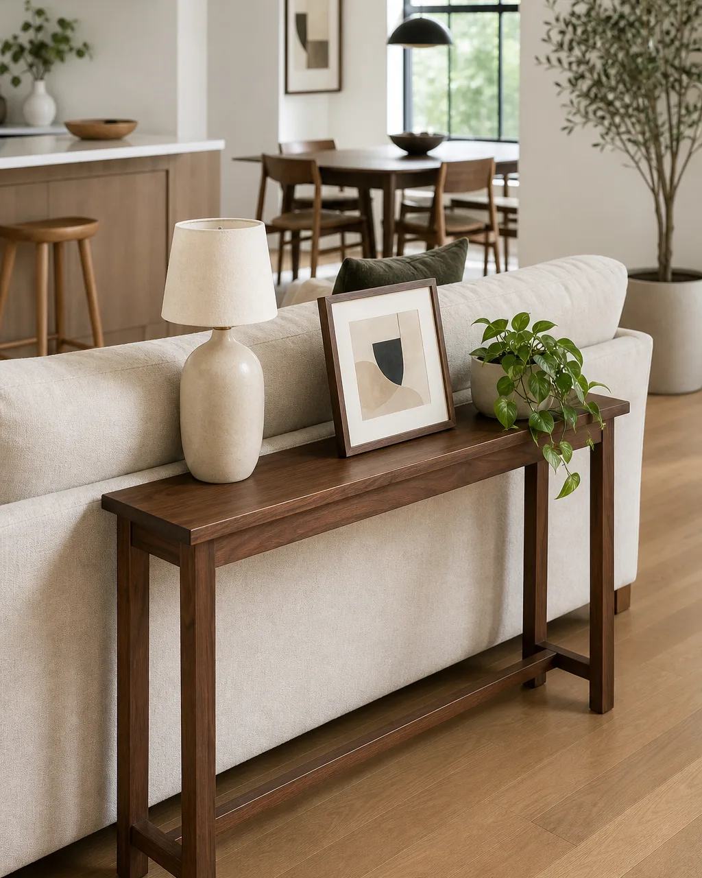 A narrow wooden console table positioned behind the back of a cream sofa in an open-plan apartment, holding a small ceramic table lamp, a framed print, and a trailing pothos plant, on hardwood floors in warm daylight