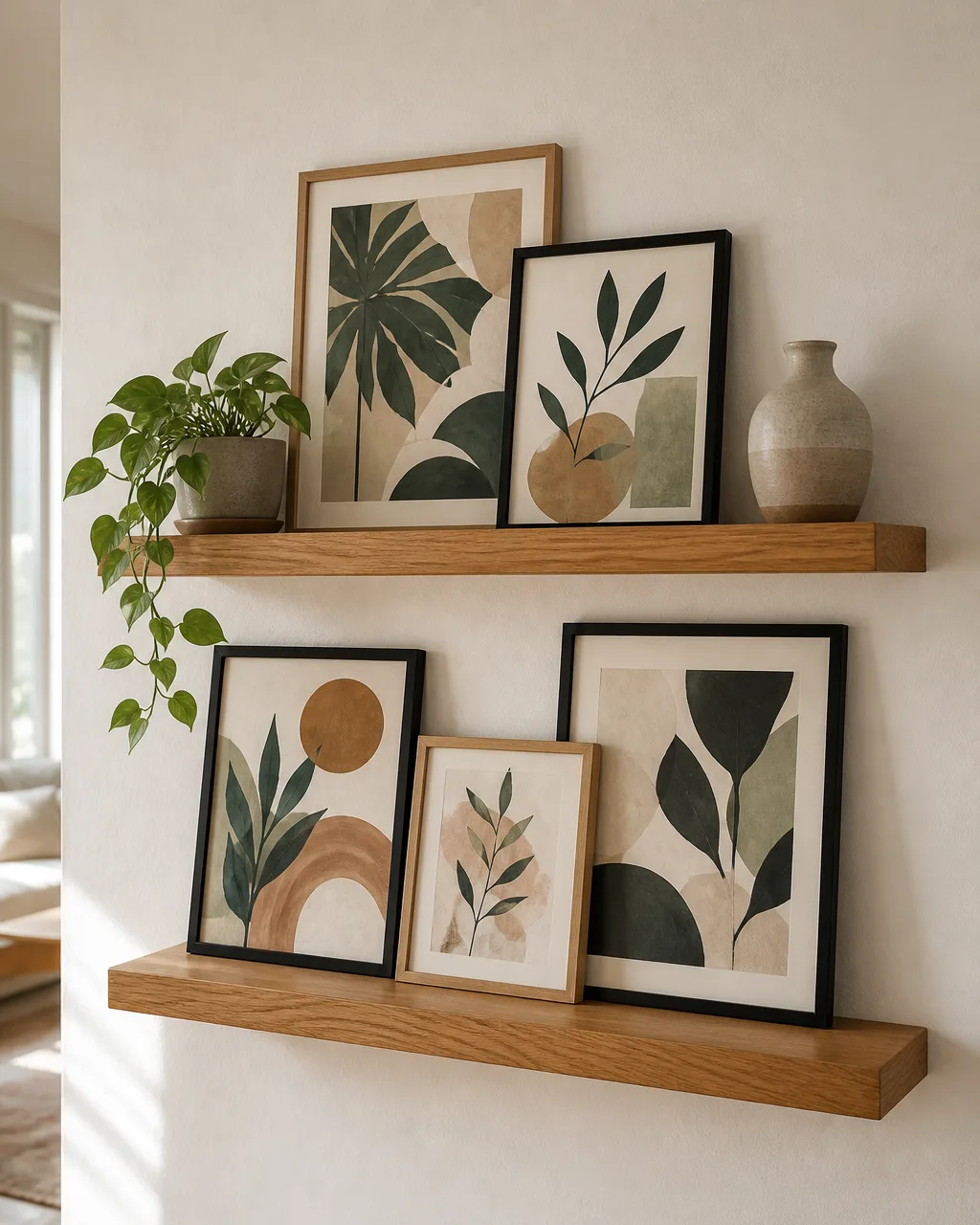 Two floating wooden shelves on a white apartment wall holding leaning framed art prints in black and natural wood frames mixed with a small trailing pothos plant and a ceramic vase in warm daylight