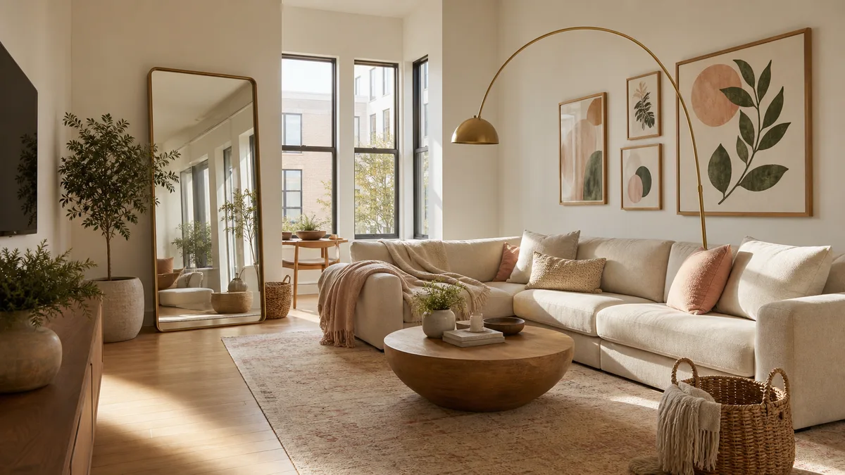 A bright apartment living room with a large leaning floor mirror, cream sofa with layered oatmeal and blush throws, a brass arc floor lamp, woven basket beside the sofa, and framed botanical prints on the wall