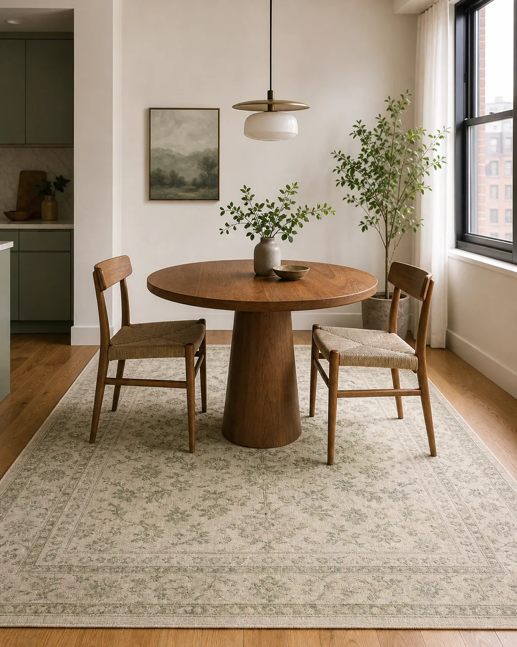 A cream and sage-green patterned area rug layered on light hardwood apartment floors under a small round dining table with two wooden chairs, a hanging pendant light above, and bright daylight from a nearby window