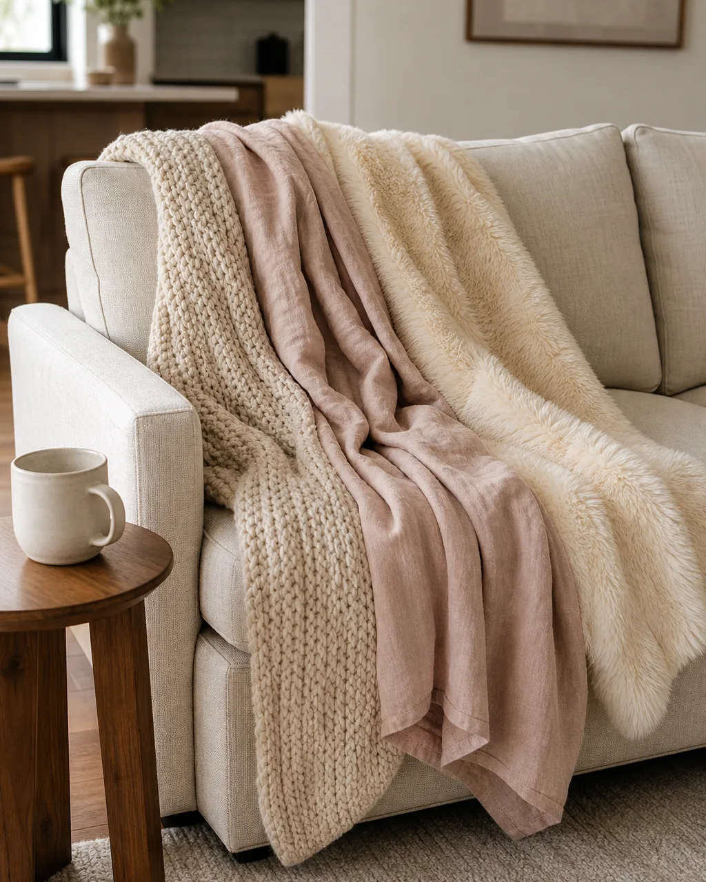 A neutral linen sofa with three layered throw blankets draped casually: an oatmeal chunky knit, a soft blush linen, and a cream faux-fur throw, with a round side table and ceramic mug nearby in warm natural light