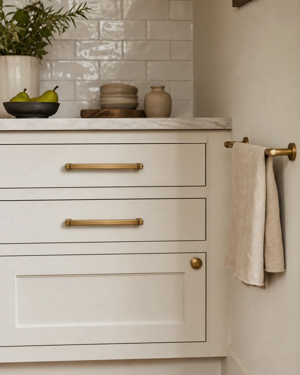 Close detail of brushed brass cabinet drawer pulls and a knob on white shaker-style kitchen cabinets in a small apartment kitchen, with a matching brass towel bar on the adjacent wall and clean white subway tile backsplash