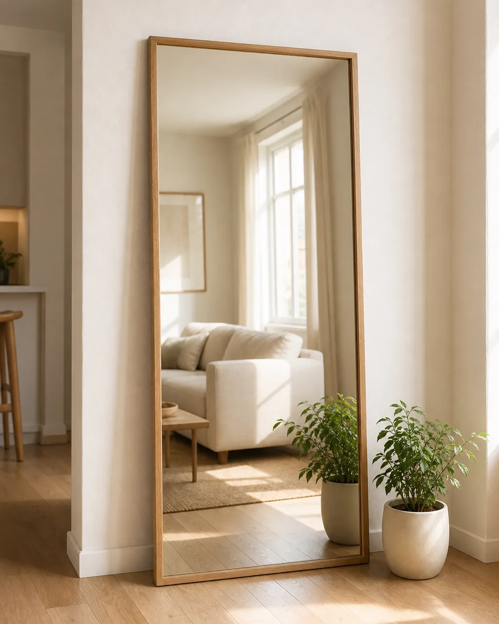 A tall floor mirror with a thin oak frame leaning against a white apartment wall, reflecting warm afternoon light and a cream sofa, with a small potted plant beside its base on light hardwood floors