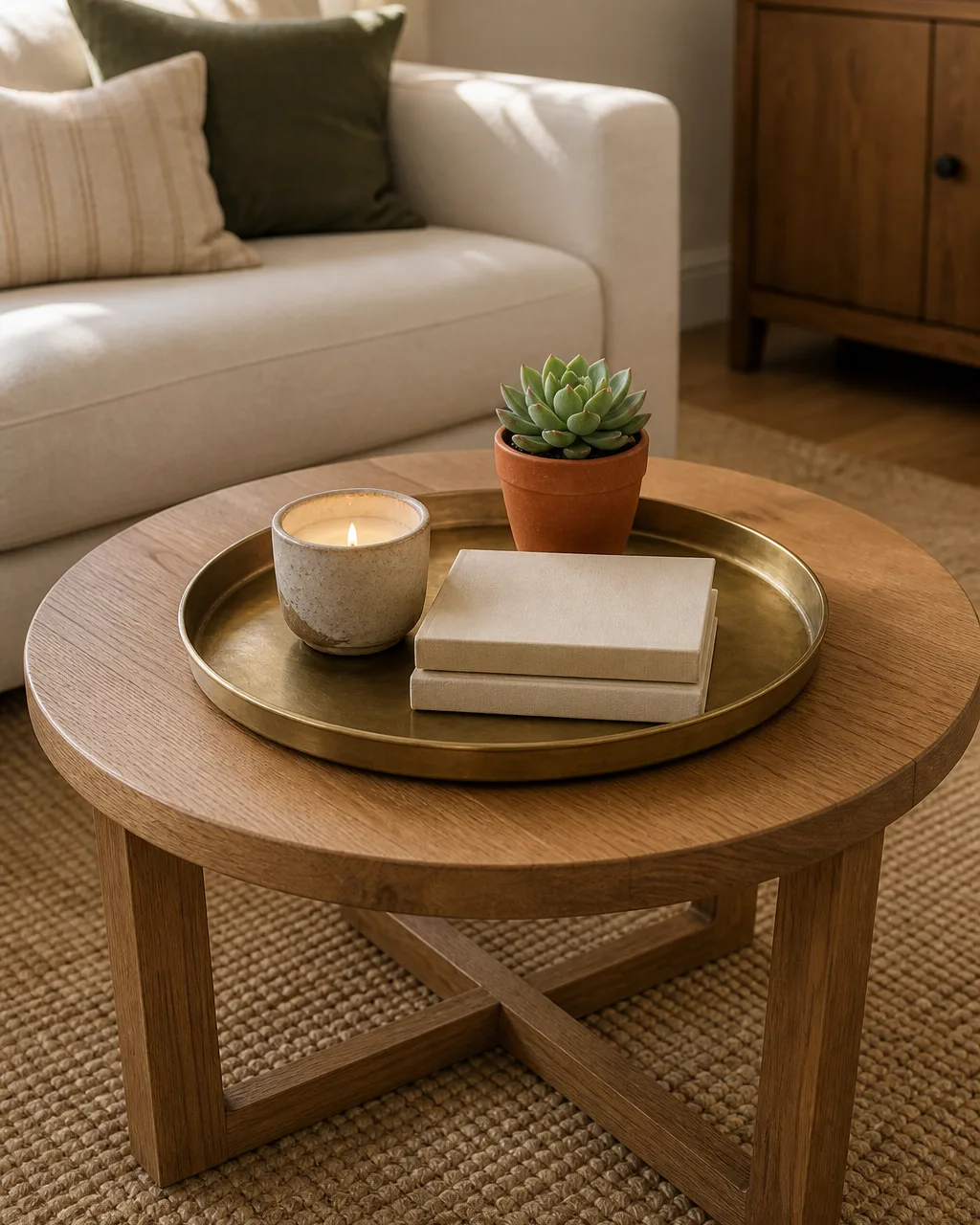 A round wooden coffee table with a round brass tray containing a lit soy candle in a ceramic holder, a small succulent in a terra-cotta pot, and two stacked hardcover books, with a cream sofa edge and woven rug visible in warm afternoon light