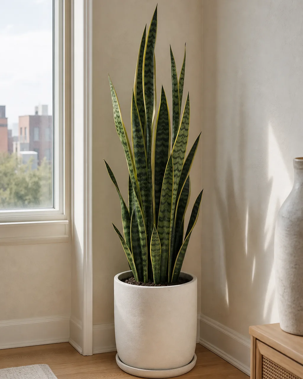 A tall snake plant in a matte white ceramic planter standing in the corner of a bright apartment room beside a window, with light hardwood floors and soft natural light casting gentle leaf shadows