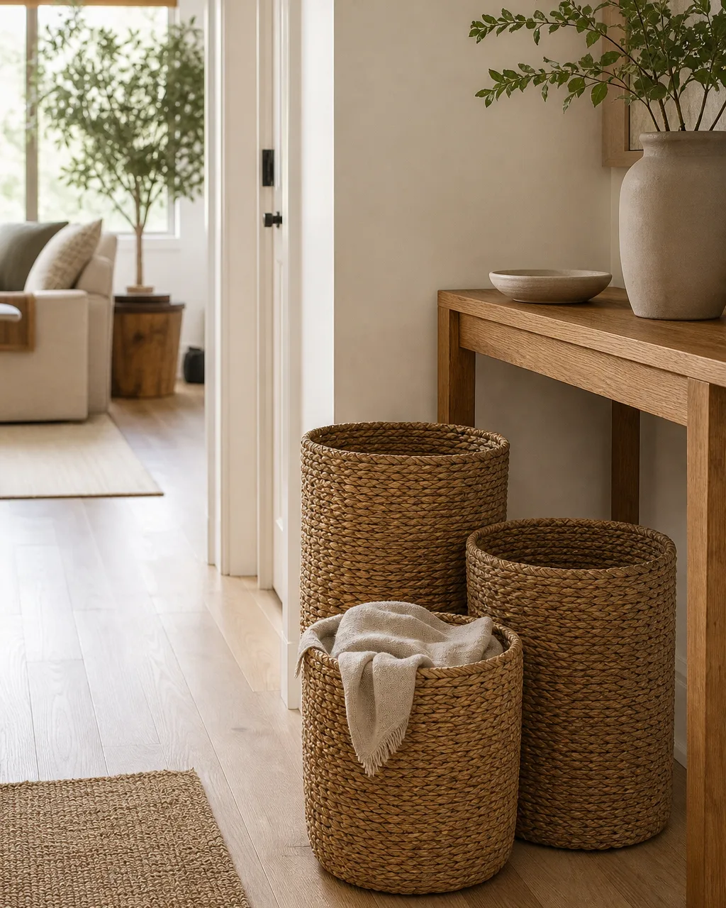Three woven seagrass baskets of varying heights beside a narrow wooden console table in a small apartment entryway, one with a folded linen blanket peeking out, on light hardwood floors in warm natural light