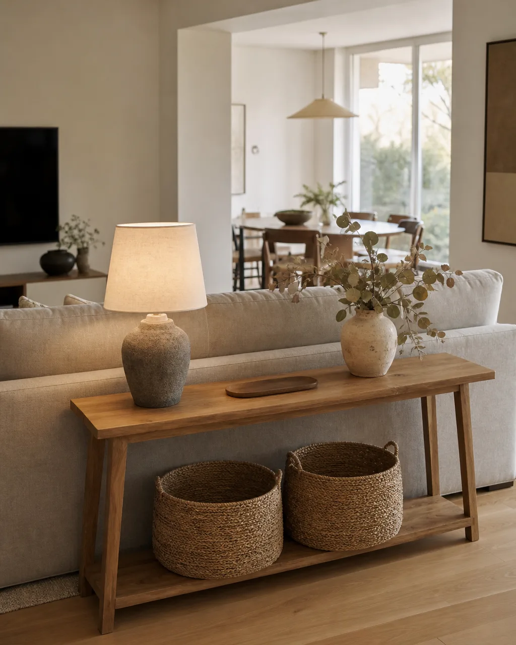 A slim wooden console table positioned behind a sofa back in an open-plan apartment with a small table lamp, a ceramic vase with dried eucalyptus, a tray, and two woven baskets underneath