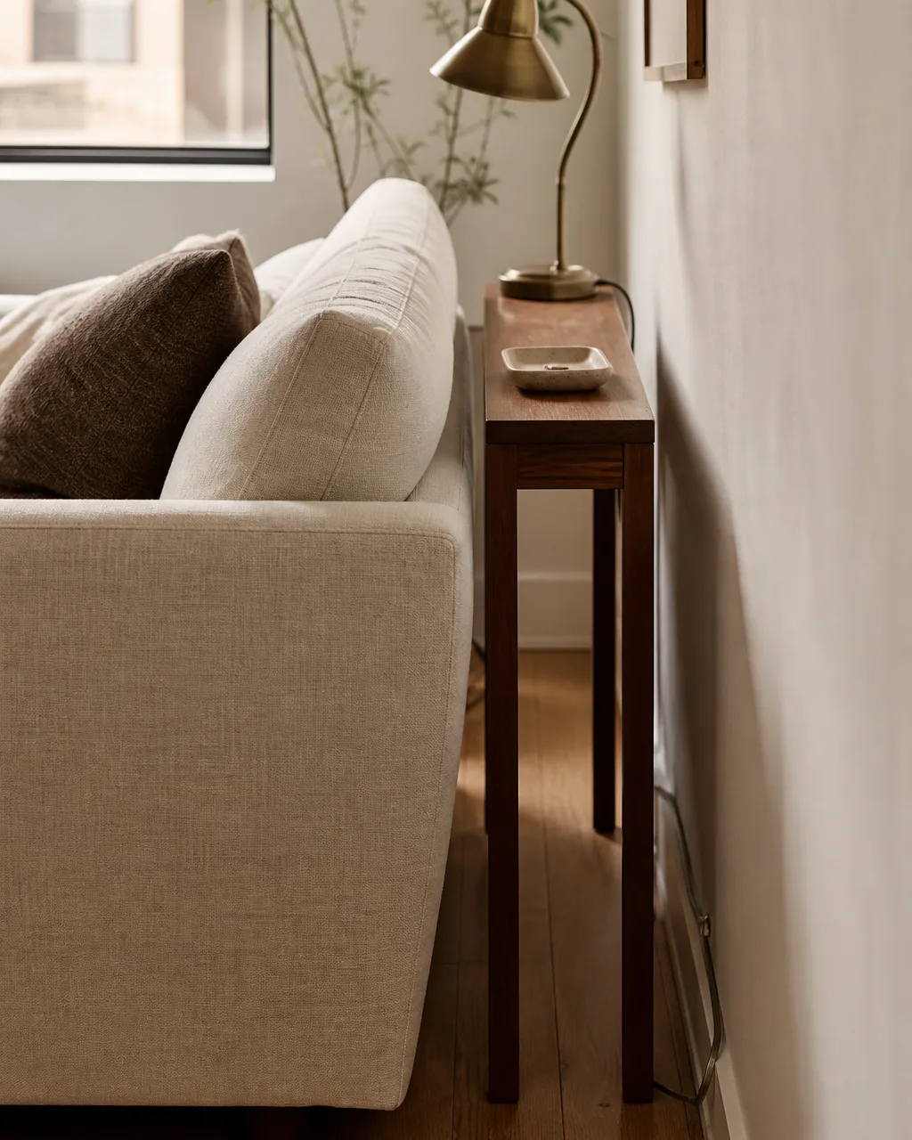 A cream linen sofa pulled six inches away from an apartment wall showing a slim wooden console table with a brass lamp and a small ceramic tray in the gap behind it