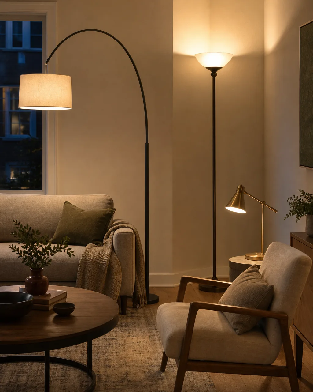 An apartment living room corner with three floor lamps at different heights, a tall arc lamp behind the sofa, a slim torchiere in the far corner, and a short brass task lamp beside an armchair, all emitting warm white light