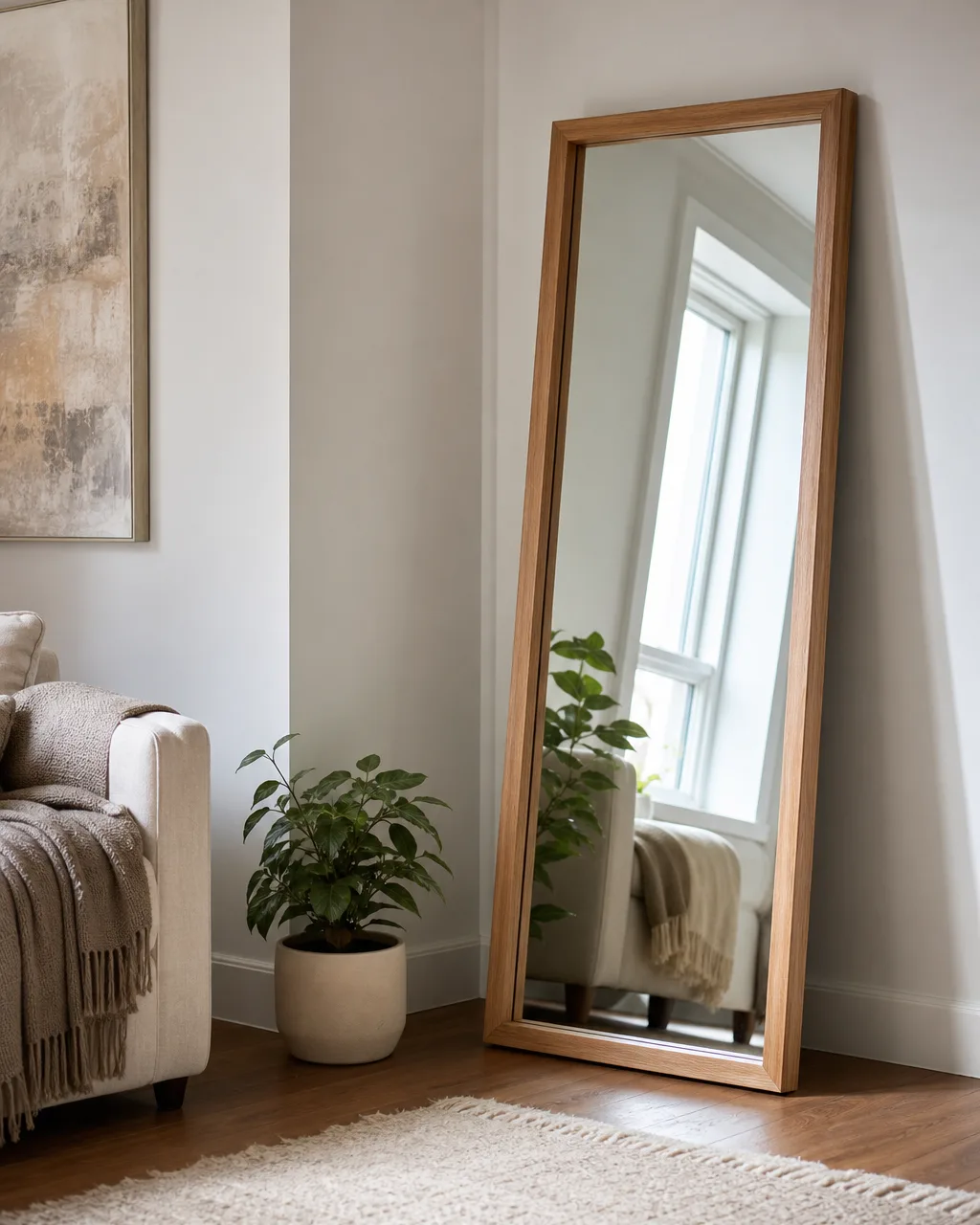 A full-length floor-leaning mirror with a natural wood frame propped in the corner of an apartment living room, reflecting part of the window and the sofa, a small potted plant beside the base