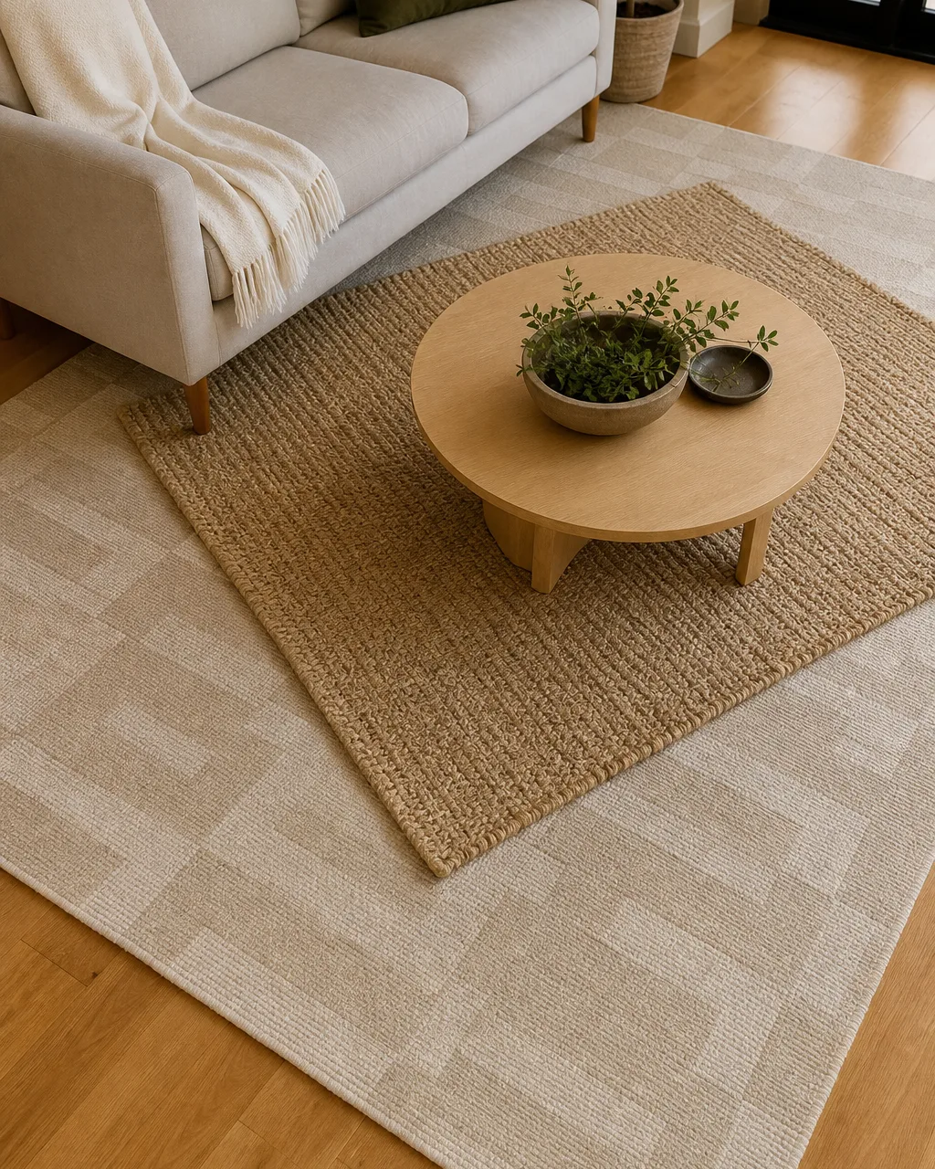A large flat-weave ivory rug with a subtle geometric pattern under the front legs of a sofa, a round coffee table centered on it, and a smaller textured jute rug layered on top at an angle