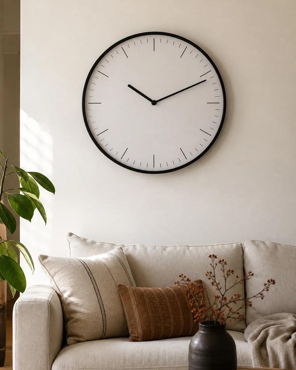 A large round wall clock with a thin black metal frame and minimal white face above a cream sofa in an apartment living room, the only object on that wall section, natural daylight from the left