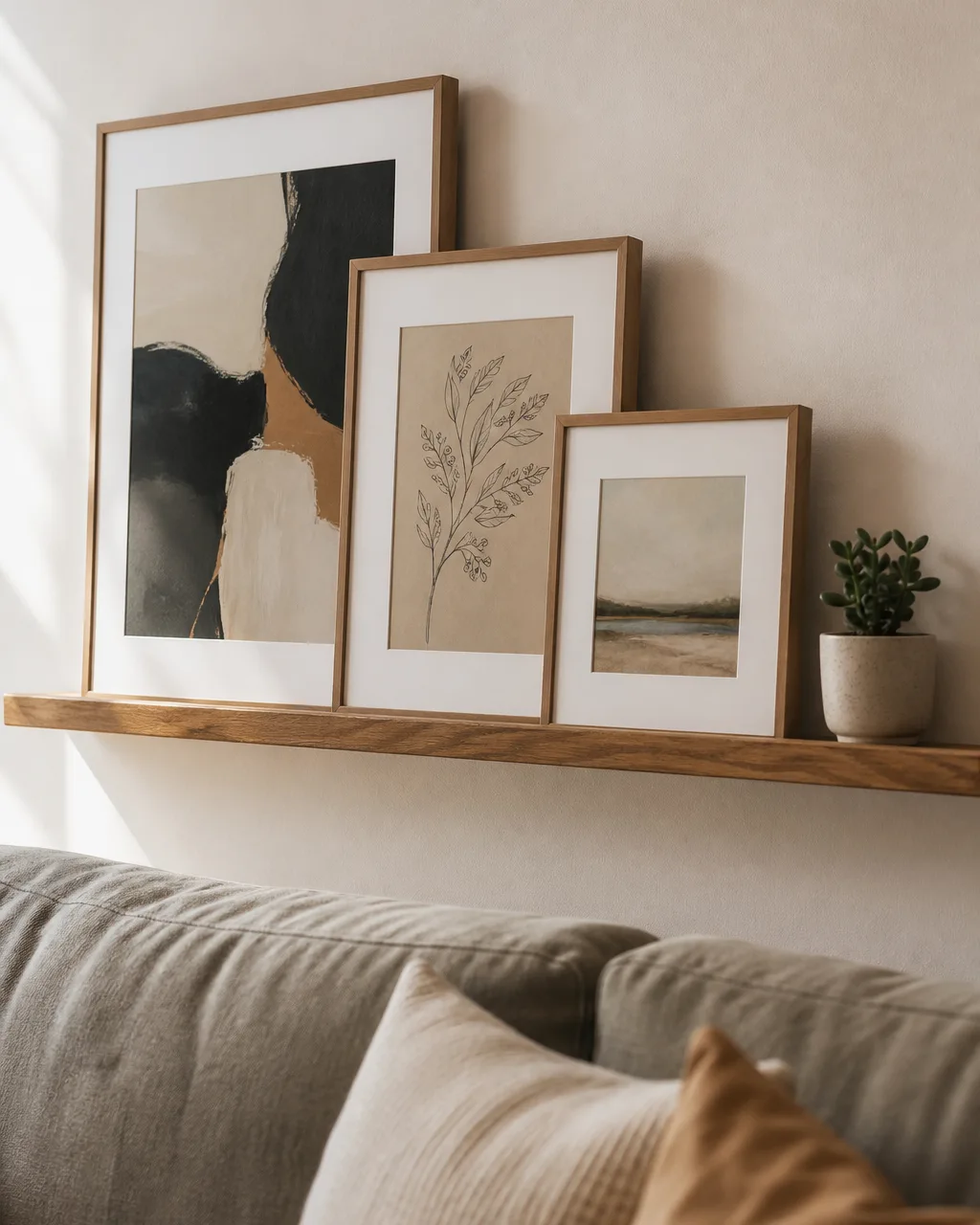 A wooden picture ledge mounted on an apartment wall above a sofa holding three overlapping framed prints of different sizes with a tiny potted succulent at one end, warm side light