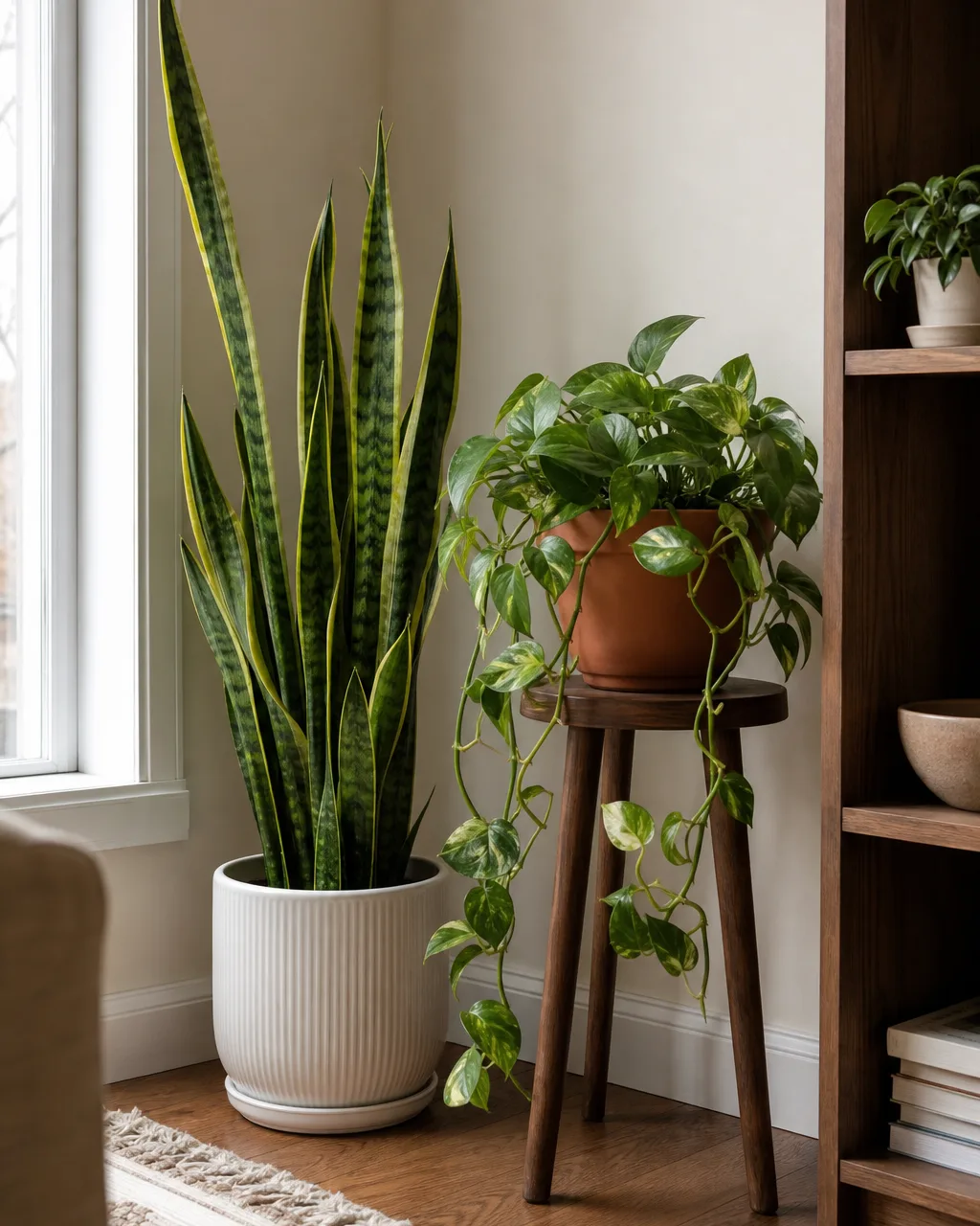 A tall snake plant in a white ceramic planter on the floor and a trailing pothos in a terracotta pot on a small wooden stool in the corner of an apartment living room near a window, bookshelf edge with a small echoing plant