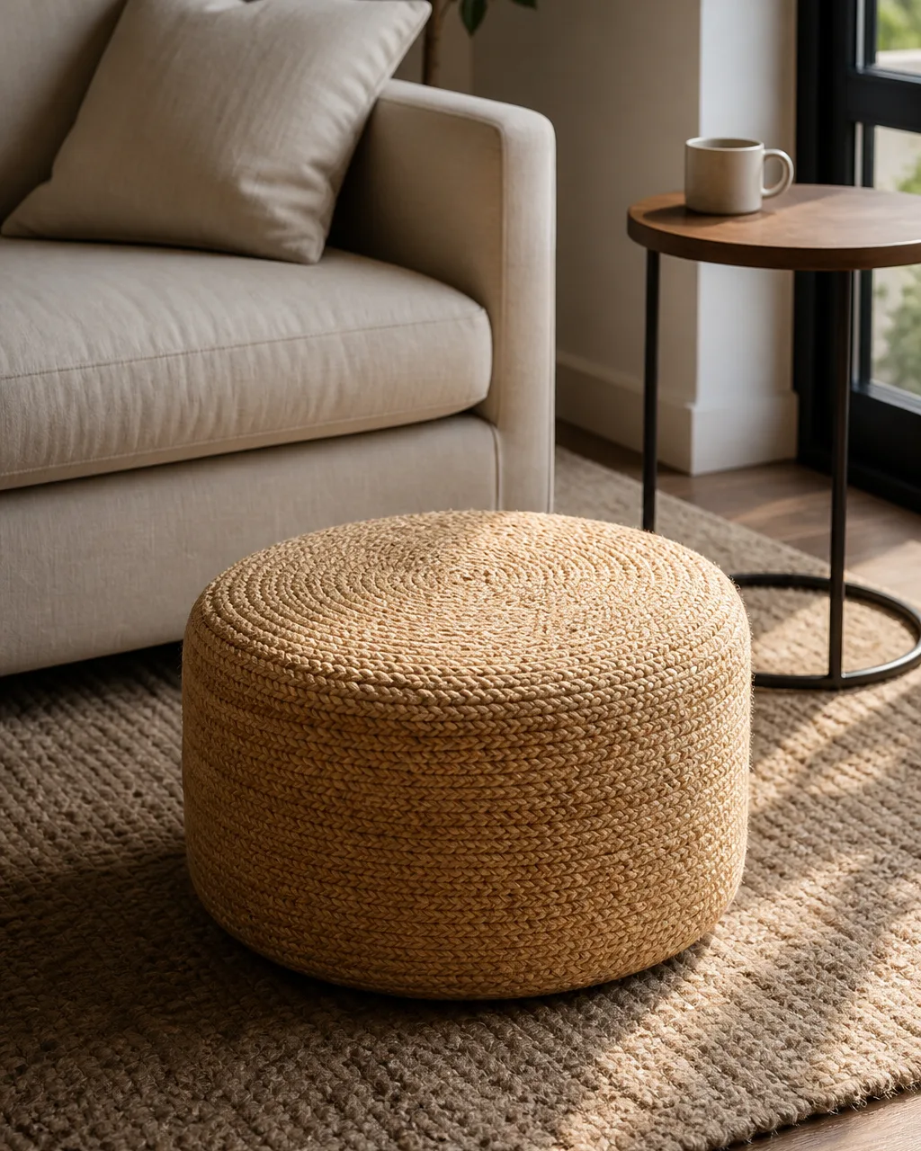 A round woven pouf in warm sand color sitting on a rug beside a cream sofa in an apartment living room, flat top suitable for sitting, a small side table with a cup nearby