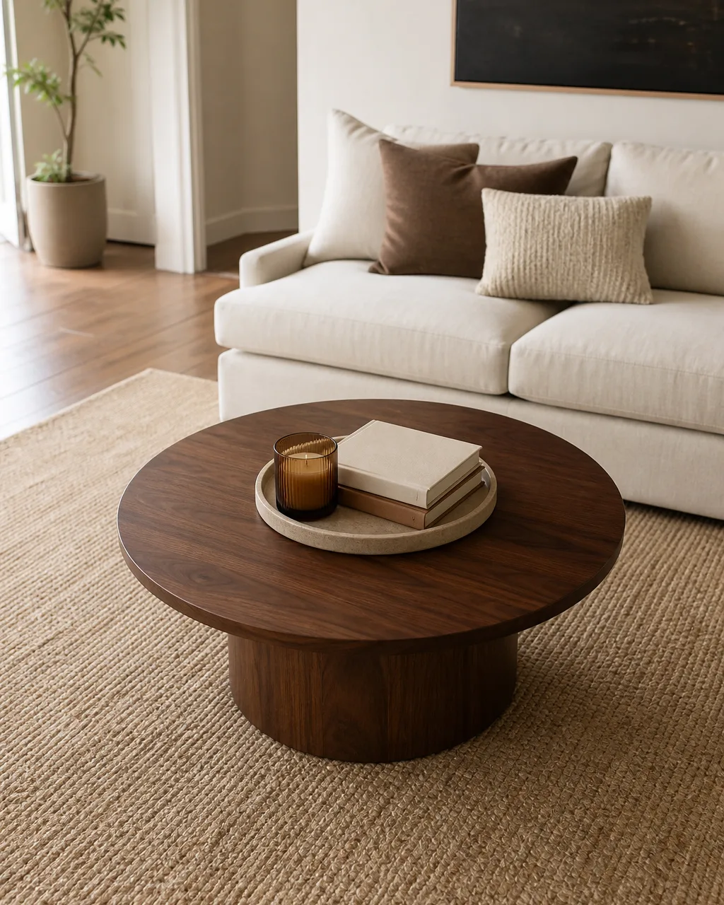 A round walnut coffee table with a pedestal base centered in an apartment living room with a small tray holding a candle and stacked books, sofa behind, rug underneath, generous clearance around