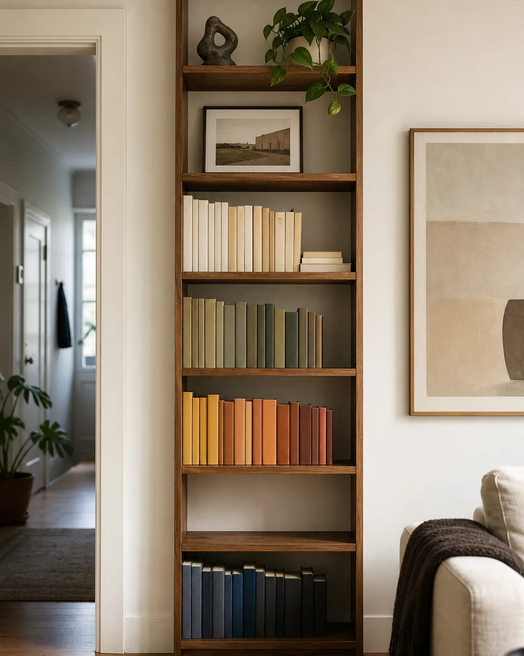 A tall narrow bookshelf reaching close to the ceiling of an apartment living room with the top shelves holding decorative objects and a trailing pothos, middle shelves with books grouped by color