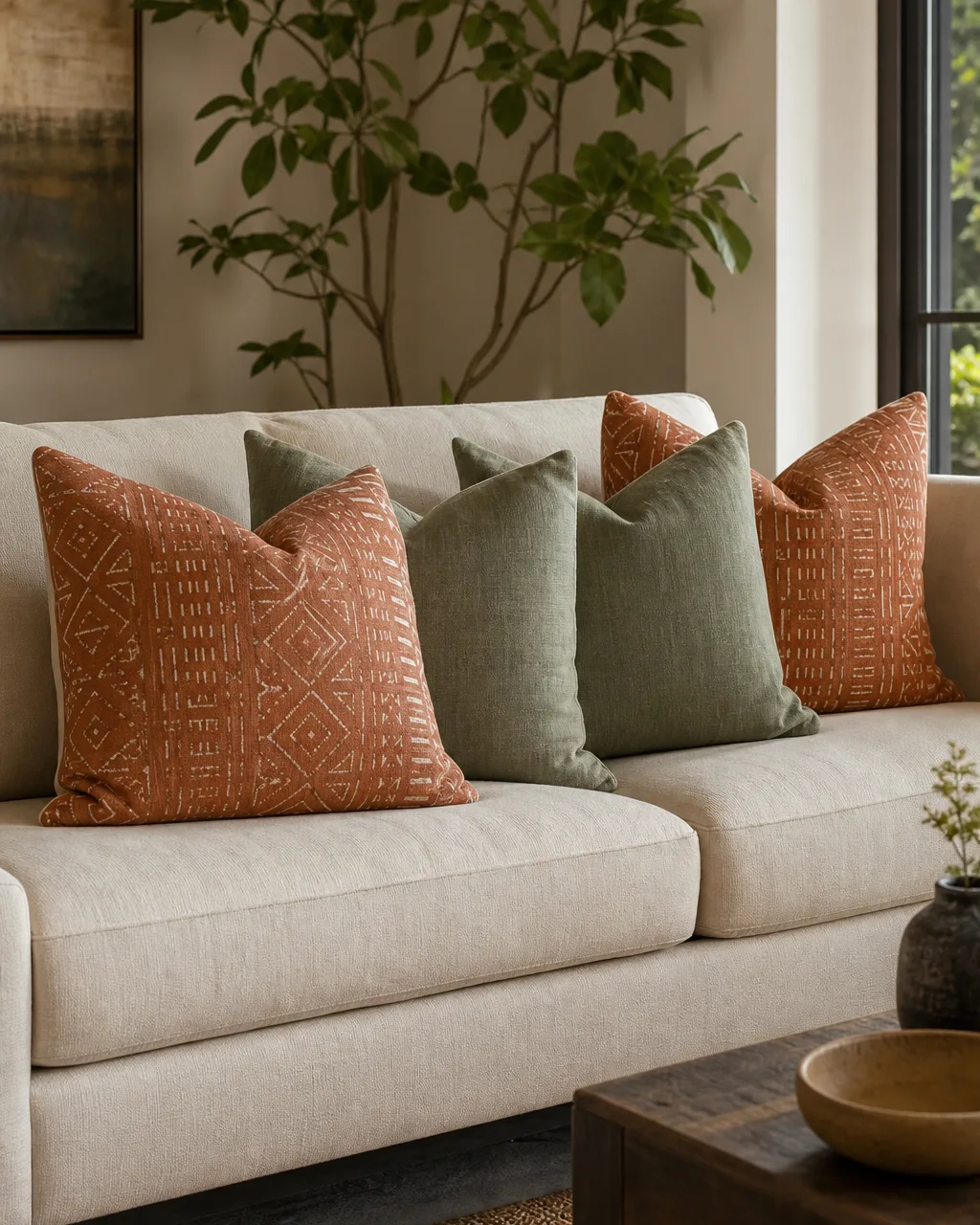 Four decorative throw pillows on a cream linen sofa, two with warm terracotta geometric patterns and two solid sage green linen, afternoon window light, rug and coffee table edge visible
