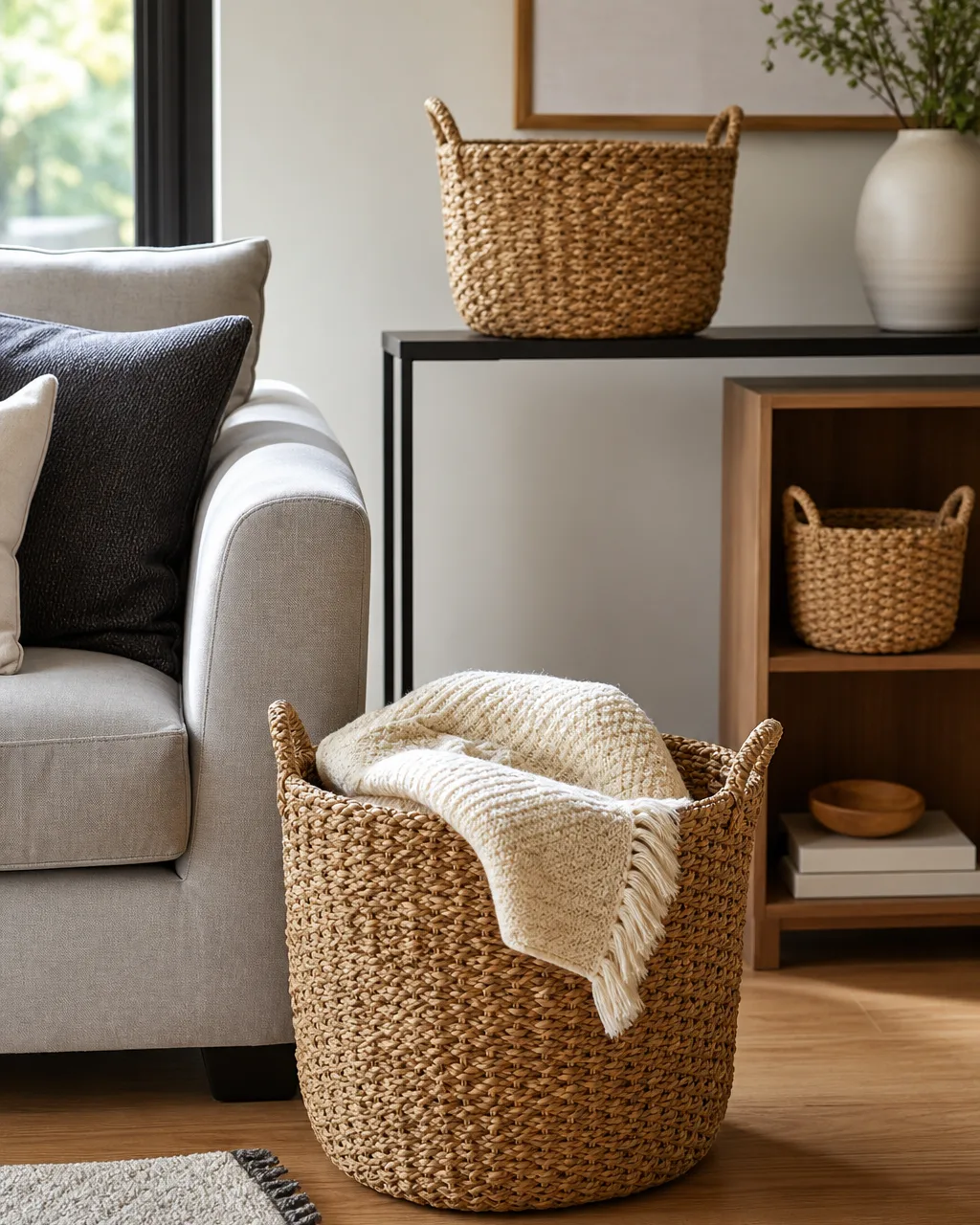 Three woven seagrass baskets of descending sizes arranged in an apartment living room, the largest beside the sofa with a folded throw blanket, the medium on a console, the smallest on a bookshelf