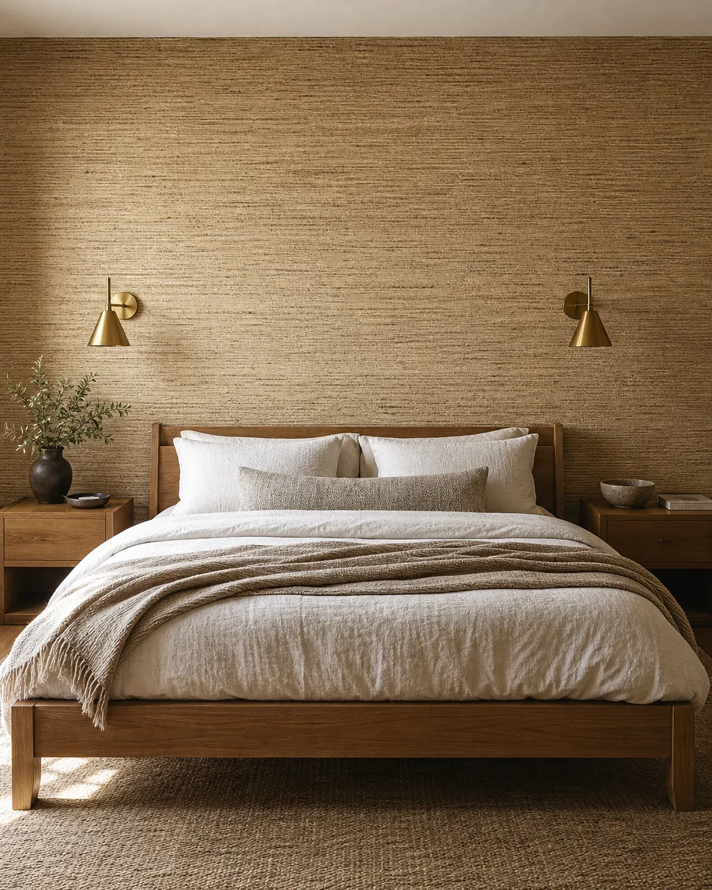A bedroom headboard wall covered in warm natural grasscloth wallpaper with visible woven fibers, a low wooden bed frame with white bedding centered against it, brass wall sconces flanking the bed
