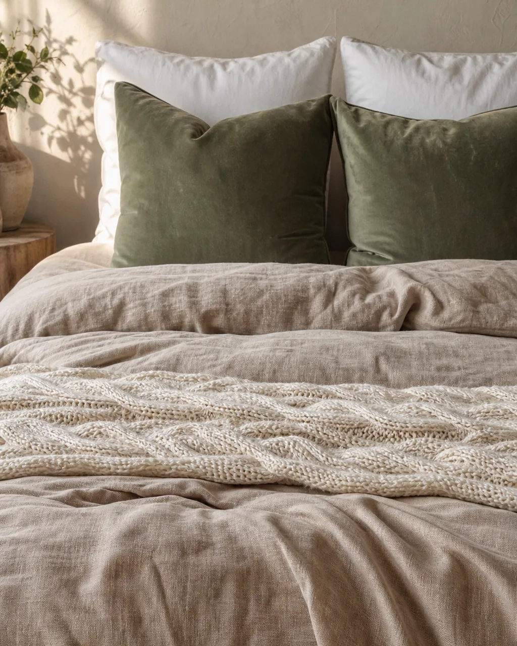 A neatly made bed showing three distinct textile layers: a rumpled linen duvet in warm oatmeal, a chunky cream cable-knit throw folded at the foot, and two velvet accent pillows in sage green