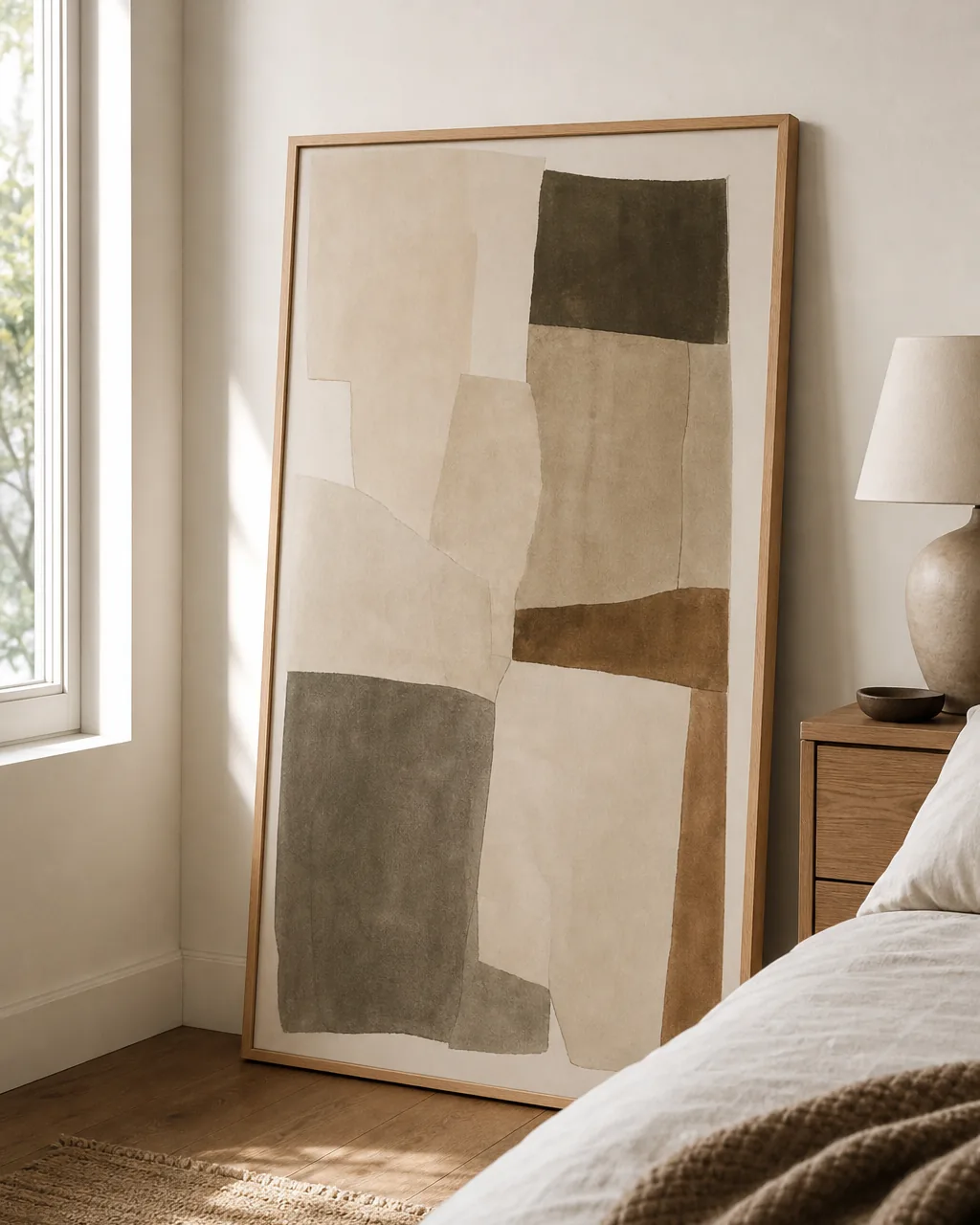 A large framed abstract art print in muted earth tones leaning against a white bedroom wall on the floor next to the bed, thin natural oak frame