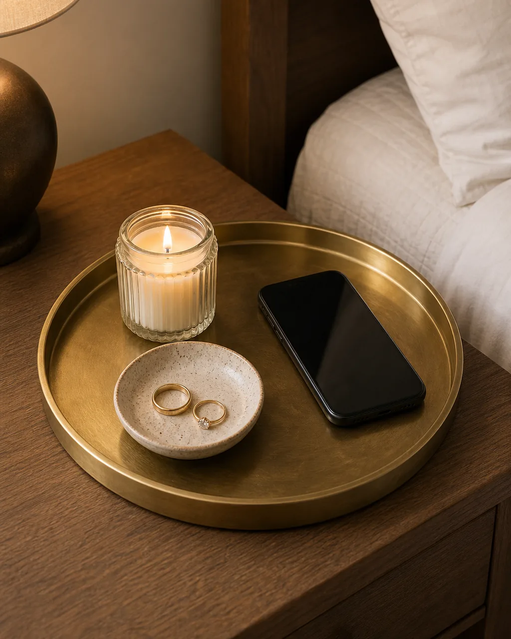 A round brass tray on a wooden nightstand holding a small candle in a glass jar, a ceramic ring dish with two rings, and a phone lying flat, bed edge visible in the background