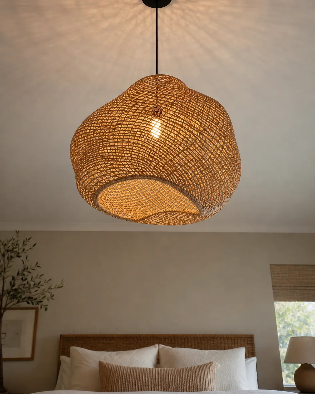 A bedroom ceiling with a large sculptural pendant light made of woven rattan in an organic rounded form, hanging directly over the bed, warm glow from inside casting patterned shadow on the ceiling