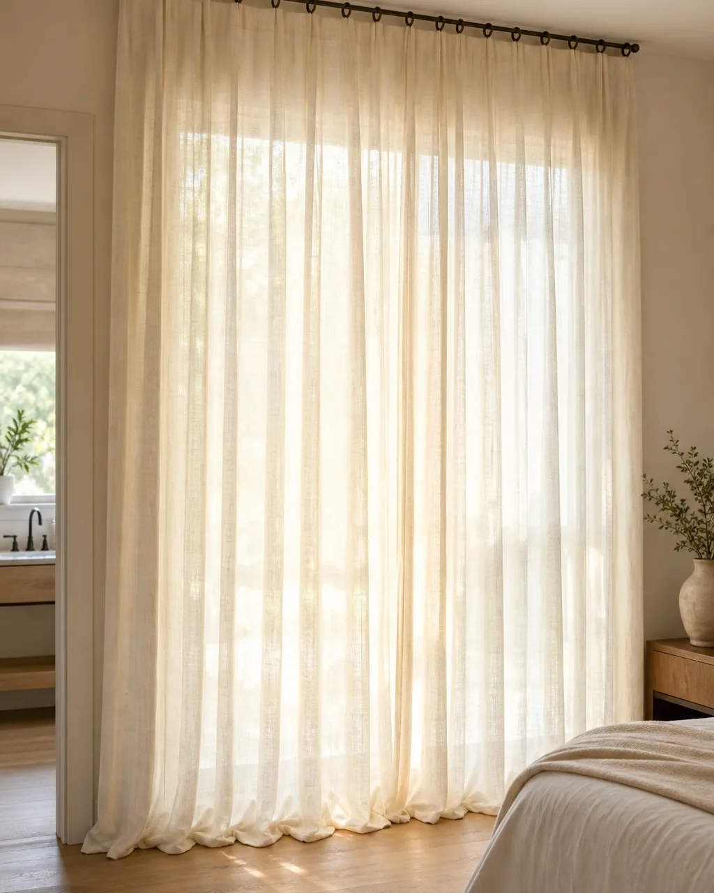 Floor-to-ceiling sheer linen curtains in warm ivory hanging from a curtain rod near the ceiling, morning sunlight filtering through creating soft diffused glow, curtain hem touching the floor