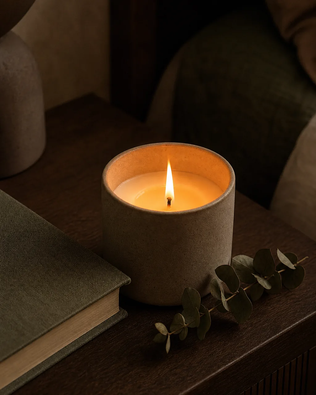A lit soy candle in a matte ceramic vessel on a nightstand next to a closed book and a small dried eucalyptus sprig, warm candle glow illuminating the area, dark moody bedroom background