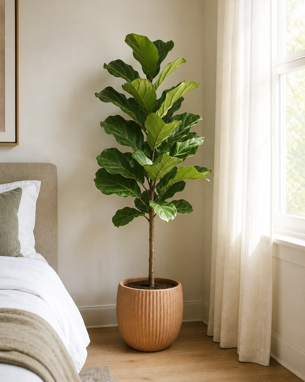 A tall fiddle-leaf fig tree in a ribbed terracotta pot standing in the corner of a bright bedroom, the tree reaching about two-thirds of the wall height, sheer curtains nearby