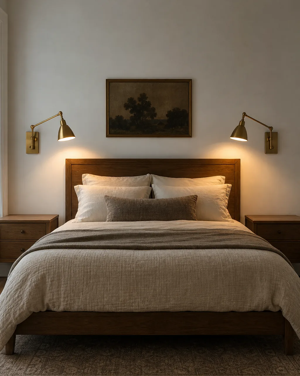 Two brass swing-arm wall sconces mounted on either side of a bed headboard, both lit casting warm pools of light downward onto the pillows, nightstands cleared of lamps