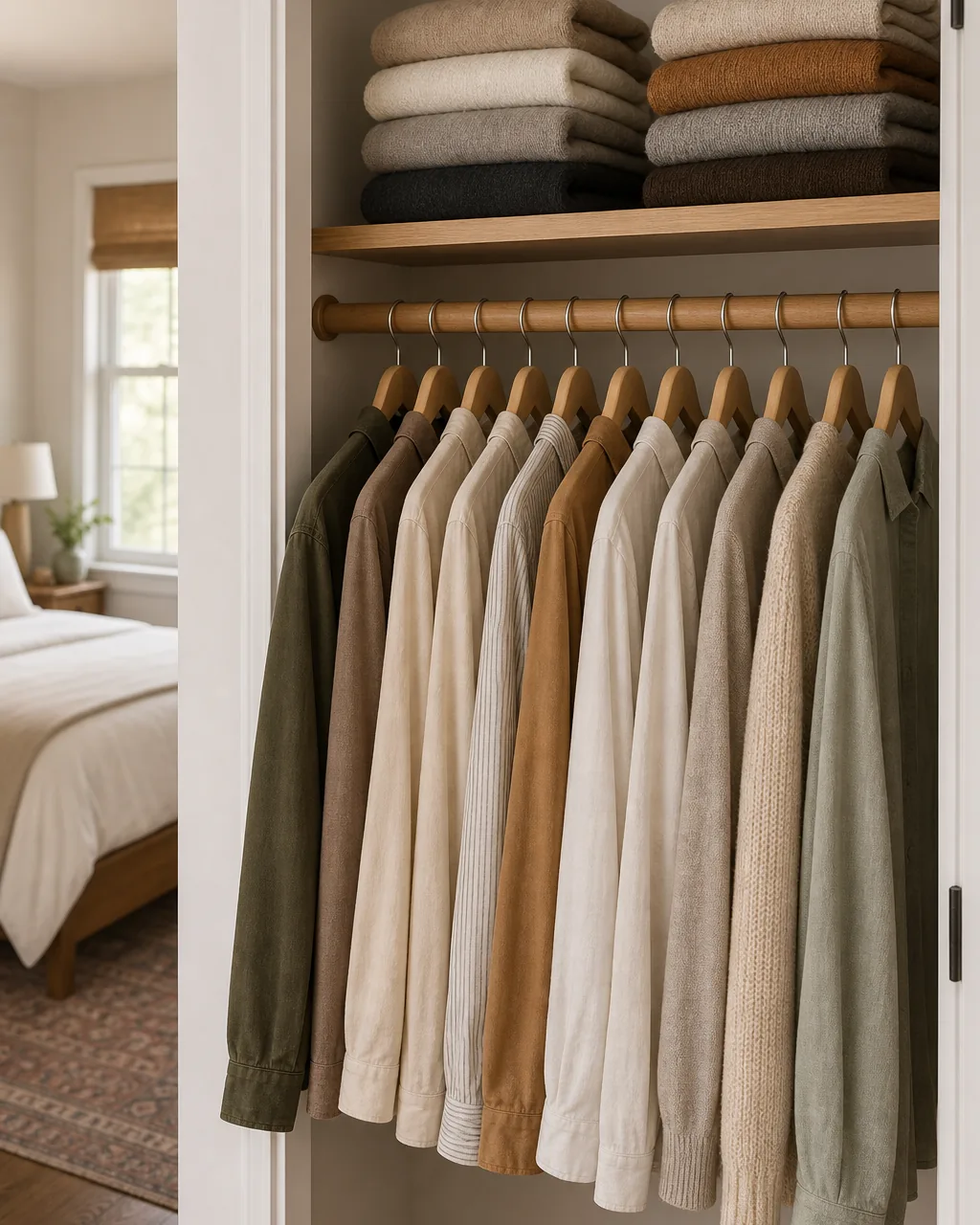 An open bedroom closet with a row of matching slim wooden hangers holding neutral-toned clothing evenly spaced on a single rod, a small shelf above with folded sweaters