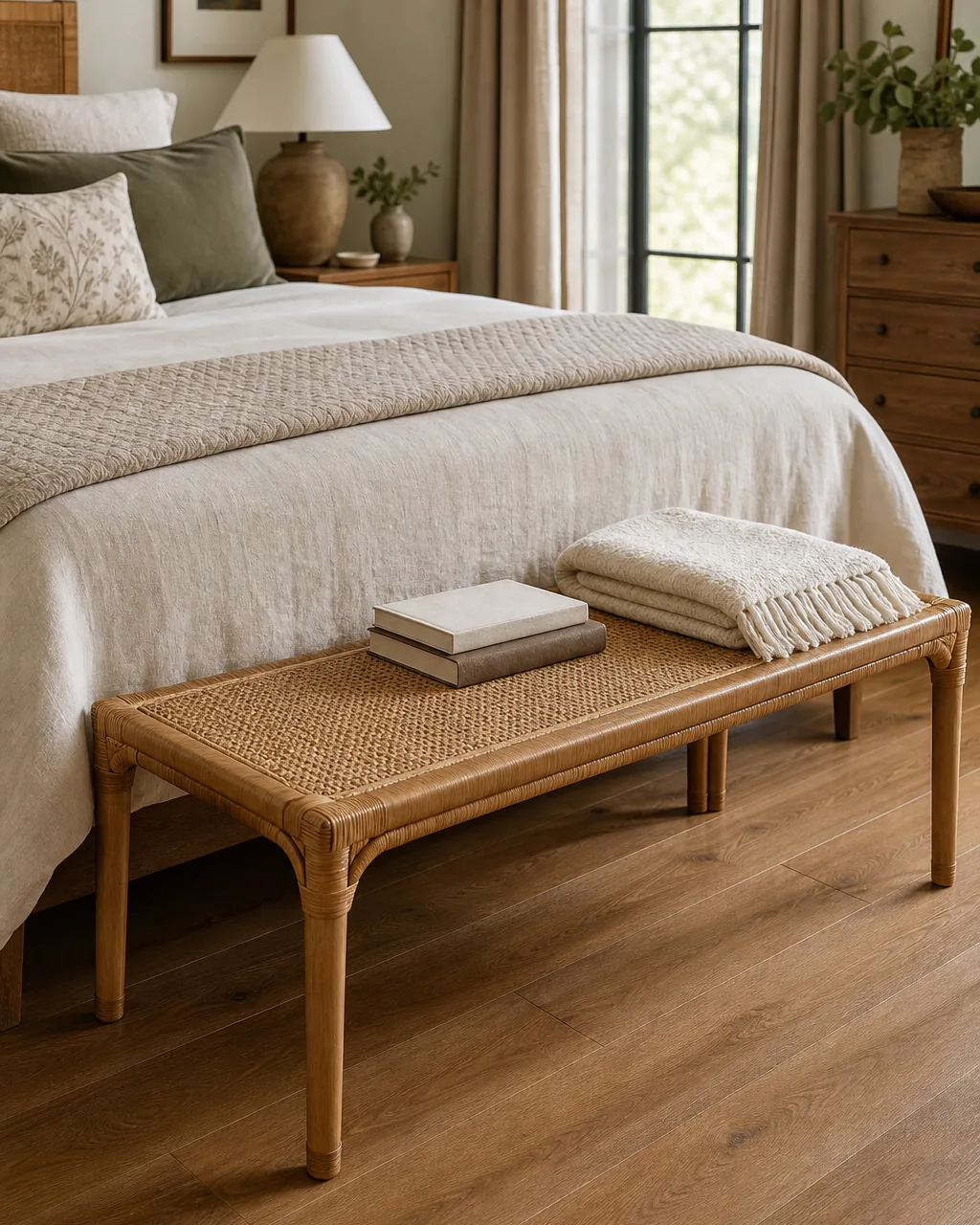 A low rattan bench with a cane woven seat at the foot of a bed, a folded cream blanket and two stacked books resting on it, warm wood floor visible
