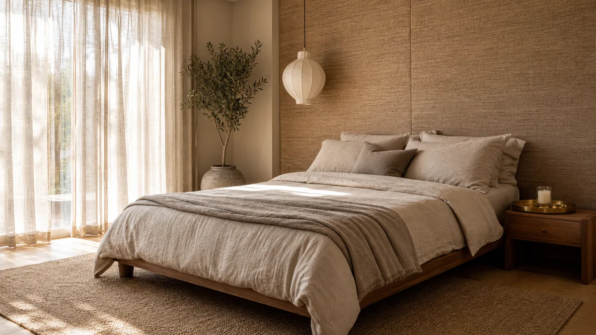 A serene bedroom with layered linen bedding in neutral tones, a textured grasscloth headboard wall, warm morning light streaming through sheer curtains, minimal nightstand with a brass tray